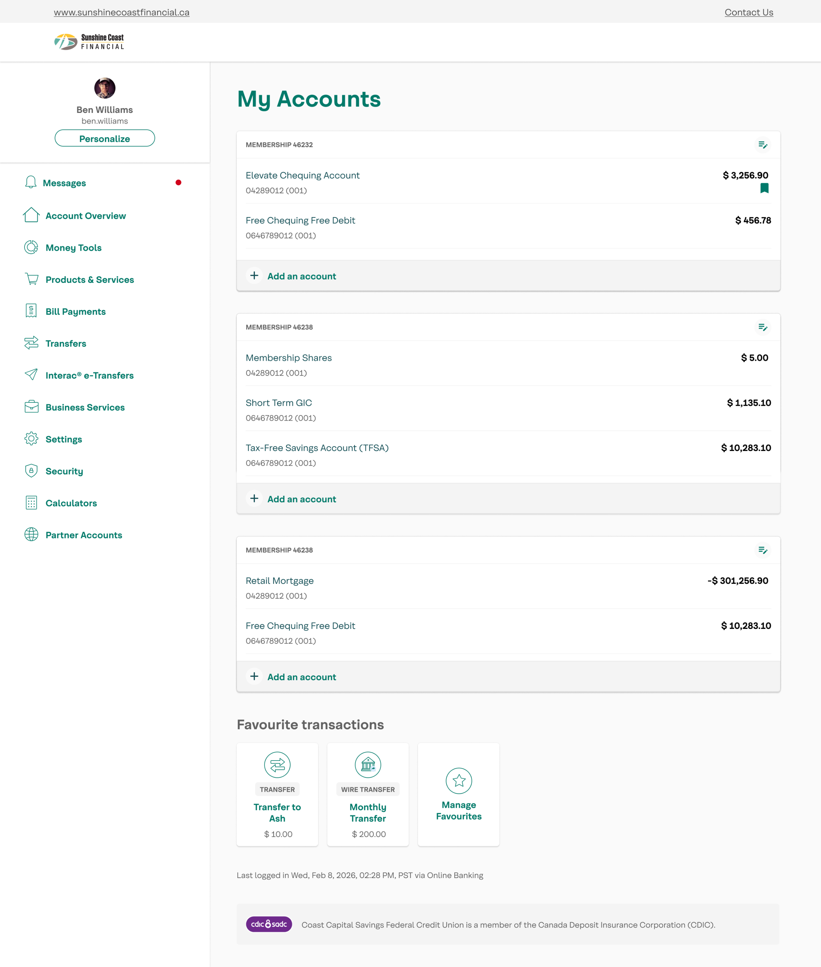 Sunshine Coast Financial online banking dashboard displaying account summaries, balances, and navigation options.